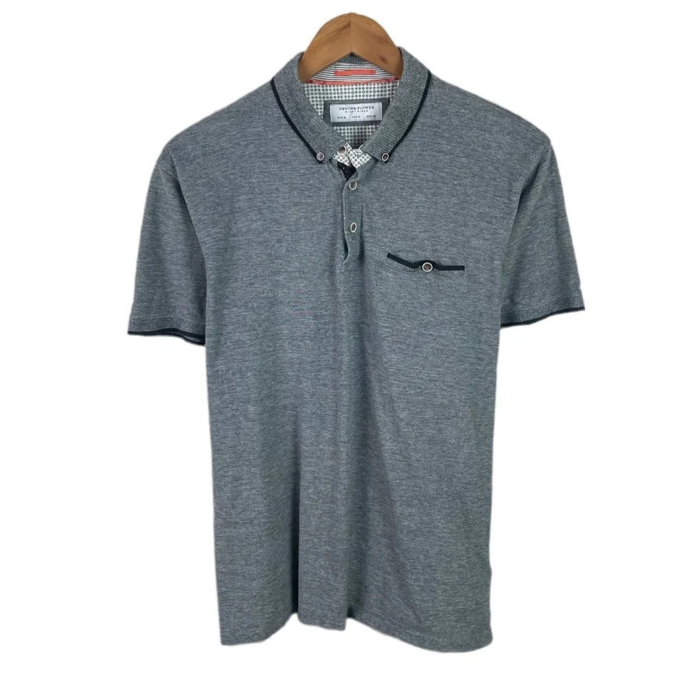 PO186 Mens Denim & Flower Ricky Singh Trendy Pocket Polo Shirt M